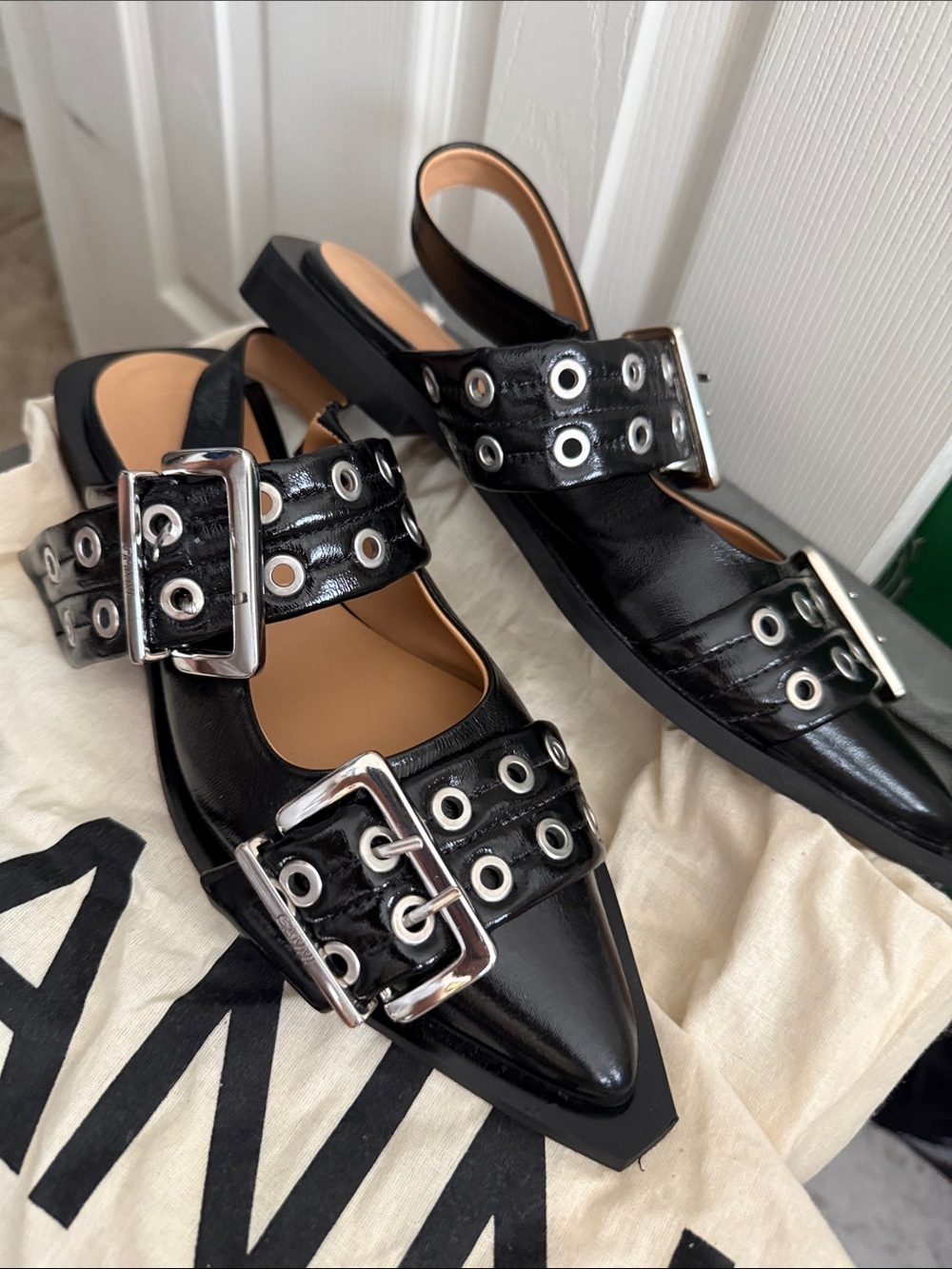 Ganni Black Leather Pointed Slingback Flats with Silver Eyelet Straps - Picture 7 of 7